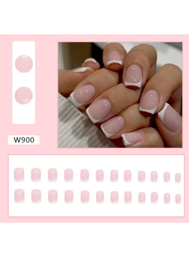 JOSQUEWNN 24pcs Press On False Nails,Short Pink Square White French Nail Art Sheets,Can Be Reused.Fake Acrylic Nails With Glue Kit. - Image 2